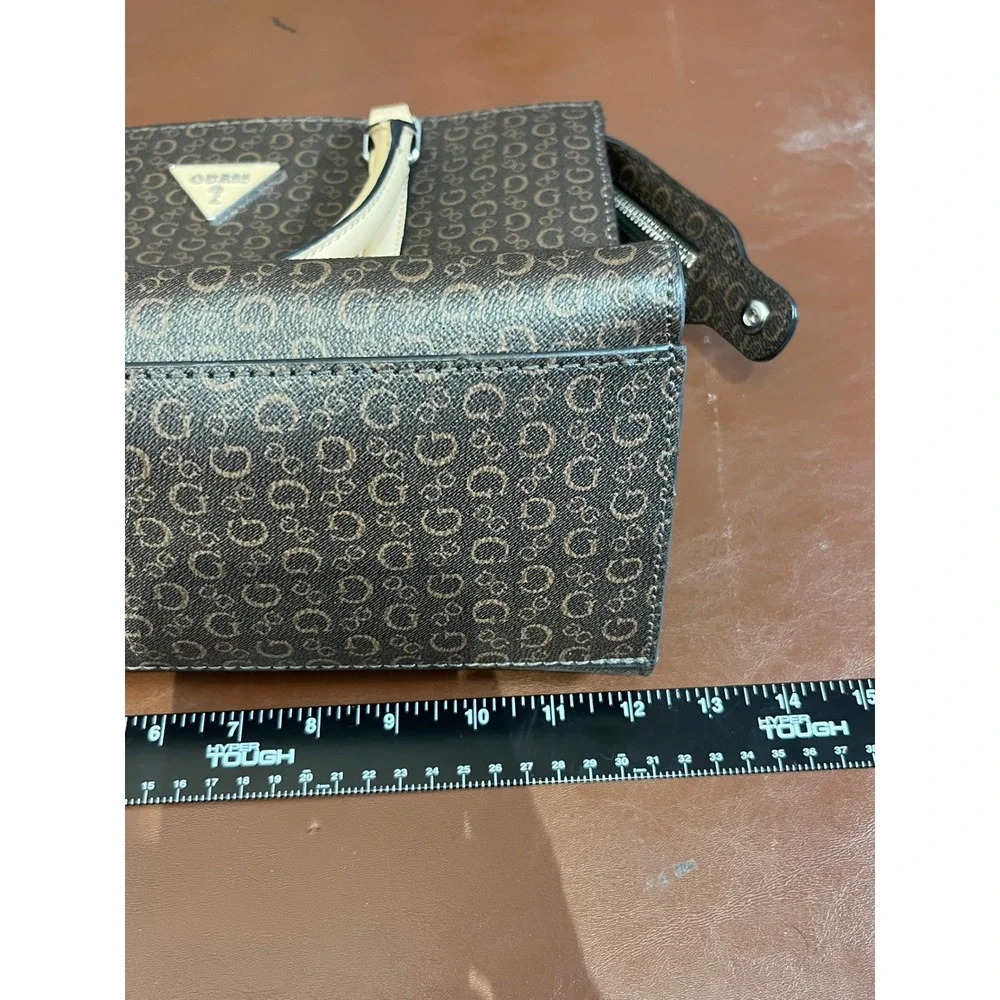 GUESS Brown Monogram Logo Satchel Handbag Tan Handles Structured‎ Zip Top Bag